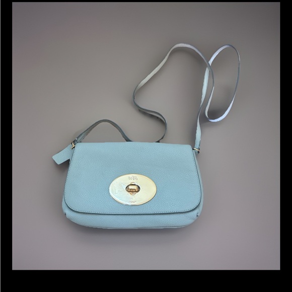 Coach Clutch Pebble Leather Turnlock CrossBody Bag F52896 Pale Blue stained! - Picture 1 of 16